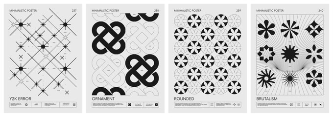 Aufkleber - Brutalist style vector minimalistic Posters with silhouette basic figures, Retro futuristic graphic elements of geometrical shapes rave composition, Modern monochrome print artwork, set 60