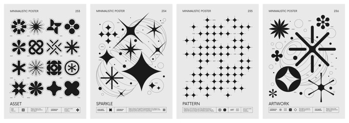Poster - Brutalist style vector minimalistic Posters with silhouette basic figures, Retro futuristic graphic elements of geometrical shapes rave composition, Modern monochrome print artwork, set 59