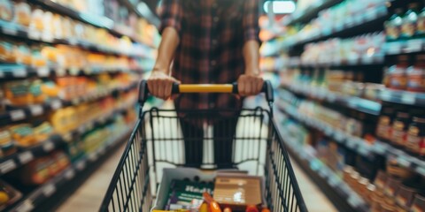 First-person perspective of a shopping cart being pushed through a grocery store aisle.