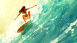 Dynamic female surfer girl riding large wave, watersports woman on surfboard