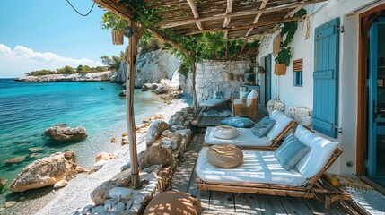 Cute beach house with rustic wooden roof, blue windows, wooden porch, white walls with white rough rocks, sand and rocks on the shore, white sun loungers with pillows