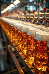 Poster - A row of glass bottles on a conveyor belt in an assembly line, AI