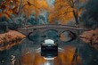 A luxurious sedan gliding gracefully over an elegant bridge, its reflection shimmering in the glassy water below