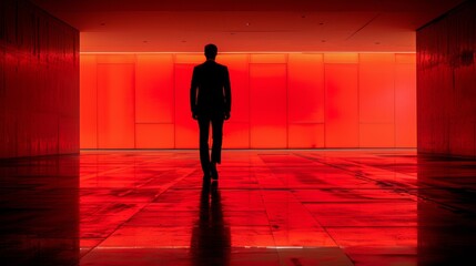 Canvas Print - A man walking in a red room with no light, AI