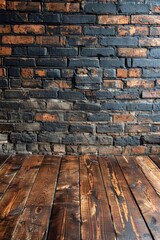 Poster - A wooden wall with a brick pattern and some wood, AI