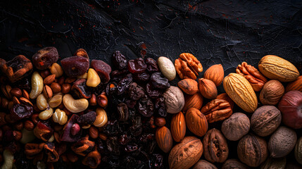 an exotic dry fruits mix, blank dark background, realistic lighting, top to down perspective
