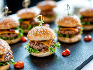 Wall Mural - Mini Hamburgers on a black slate for catering