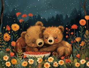 Wall Mural - bear in a field of flowers, illustration art