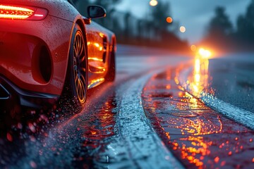 A professional car racer taking a tight corner on a challenging racetrack, tires gripping the asphalt