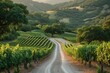 A scenic countryside road surrounded by lush vineyards, inviting wine enthusiasts to explore