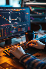 Wall Mural - Stock trading investor, financial advisor or analyst working analysing crypto exchange market charts using computer investing money in finances market analyzing data on screen, hands closeup.