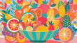 Vibrant Assorted Fruit Bowl Illustration with Tropical Background