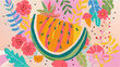 Vibrant Watermelon Slice Surrounded by Colorful Floral Illustration