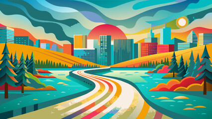 Wall Mural - Vibrant Cityscape with Winding Road and Sunset Illustration