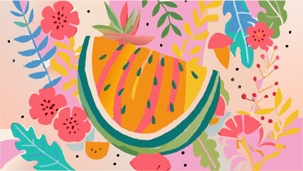 Wall Mural - Vibrant Watermelon Slice Surrounded by Colorful Floral Illustration