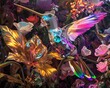 Capture a metallic hummingbird with rainbow wings in a fantastical garden, showcasing intricate details in vibrant acrylic