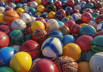 AI generated multi-colored sport balls scattered outdoors