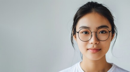 Wall Mural - lose up studio shot of calm Asian young woman wearing eyeglasses isolated on white background.