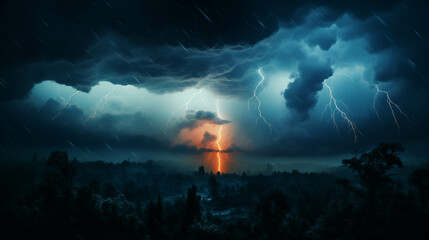 Wall Mural - Dangerous and violent lightning, lightning storm events.