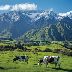 Cows grazing on green grass under blue sky with snowy mountains in the distance