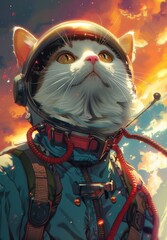 cute cat astronaut with a red hat and a helmet in a night sky. 3 d illustration