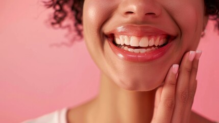 Wall Mural - Woman showing her smile, oral health concept generative ai