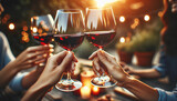 Fototapeta  - A close-up of hands clinking red wine glasses together in a celebratory toast.
