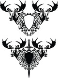 Fototapeta  - antique sword with rose flowers and moose antler head heraldic decor - medieval knight emblem with blank shield black and white vector design set