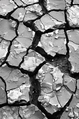 Canvas Print - A black and white photo of cracked ground with a tree in the background, AI