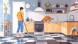 © Francheska - Young man cleaning ceramic kitchen floor at home generative ai