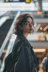 Young woman on an escalator at an airport. Road to adventure, travel, vacation.