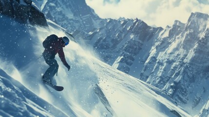 Wall Mural - Young man snowboarding in the mountains generative ai