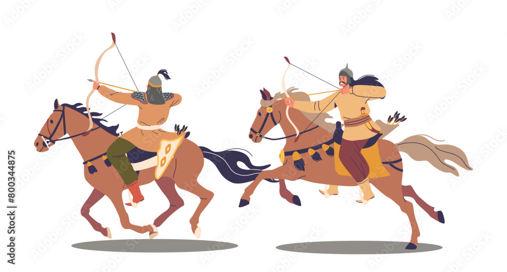 Two Mongol Archer On Horseback, Captured Mid-action. Asian Characters ...