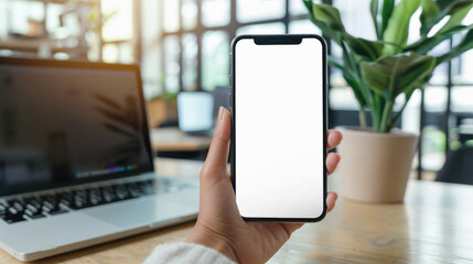 Business person man or woman holding smartphone showing mock up blank white empty mobile phone screen, hands using cellphone close up view. Mockup display for applications ads.