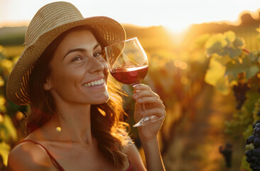 A woman holding up a wine glass in a vineyard, enjoying red wine with a straw hat on her head, smiling and looking at the sun setting behind her