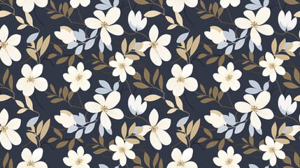 Wall Mural - A seamless floral pattern with white and cream flowers and brown and blue leaves on a dark blue background.