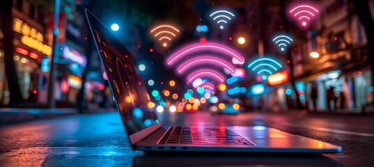 Wall Mural - panoramic banner highlighting a laptop with a variety of icons on display