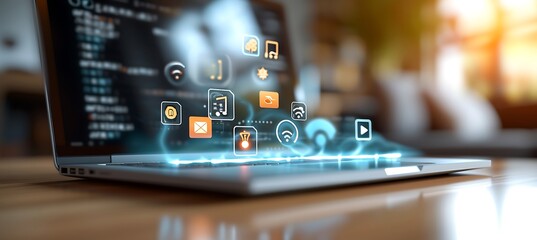 Wall Mural - panoramic banner highlighting a laptop with a variety of icons on display