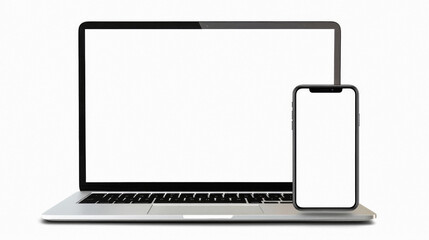 laptop computer and mobile phone mock ups isolated on white background. blank white empty mockup scr