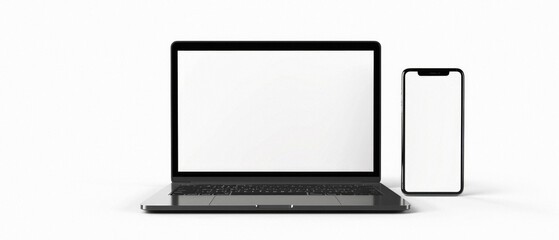 Laptop computer and mobile phone mock ups isolated on white background. Blank white empty mockup screen of computer and smartphone technology digital devices set templates.
