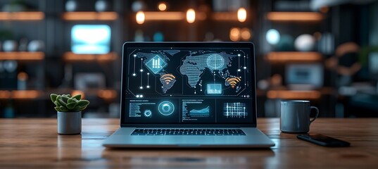 Wall Mural - ultrawide banner presentation of a laptop screen filled with numerous icons