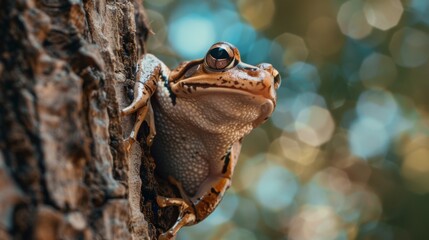 Close-up of a brown tree frog with striking eyes perched on a tree bark, highlighting detailed textures