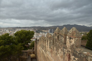 Poster - Aerial view of Malaga Spain with buildings and landmarks. 