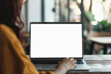 Business person working online or learning using laptop mock up blank white empty screen, hands typing on computer background close up view. Mockup display for ads. Close up view.