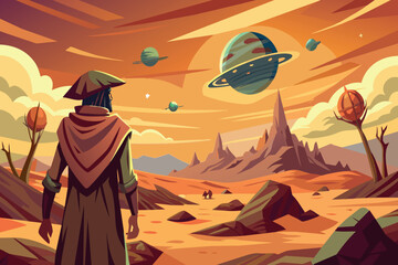 Wall Mural - a man stands in a desert with a large planet in the background