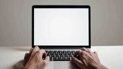 Business person working online or learning using laptop mock up blank white empty screen, hands typing on computer background close up view. Mockup display for ads. Close up view.
