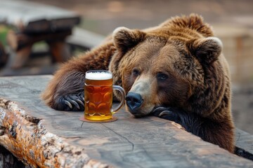 Wall Mural - Brown bear sitting at table with beer mug, carnivore