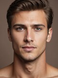 Fototapeta  - plain brown background close-up portrait of caucasian handsome guy from Generative AI