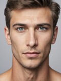 Fototapeta  - plain silver background close-up portrait of caucasian handsome guy from Generative AI