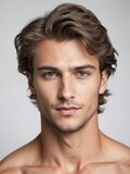 Fototapeta  - plain white background close-up portrait of caucasian handsome guy from Generative AI